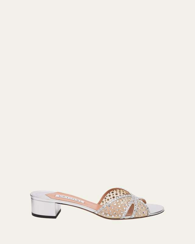 Crystal Metallic Block-Heel Slide Sandals